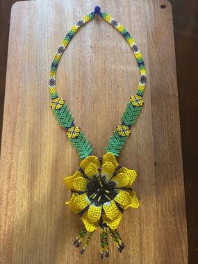 Handmade Huichol Beaded Floral Statement Necklace - Yellow & Green